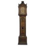 AN ENGLISH JAPANNED EIGHT DAY LONGCASE CLOCK the brass dial with matted centre, date aperture,