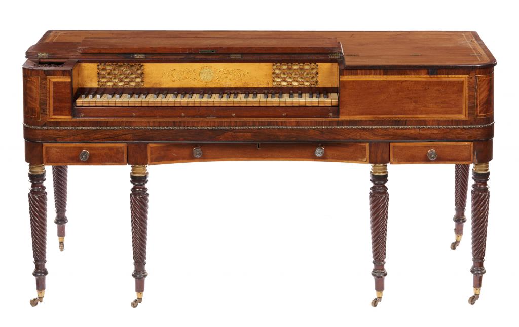 AN ENGLISH MAHOGANY, ROSEWOOD, SATINWOOD AND INLAID SQUARE PIANO, WILLIAM ROLFE CO 112 CHEAPSIDE