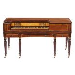 AN ENGLISH MAHOGANY, ROSEWOOD, SATINWOOD AND INLAID SQUARE PIANO, WILLIAM ROLFE CO 112 CHEAPSIDE