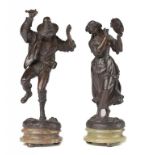 A PAIR OF FRENCH FIN DE SIECLE BRONZED METAL STATUETTES OF ITALIAN DANCERS, C1890 on associated