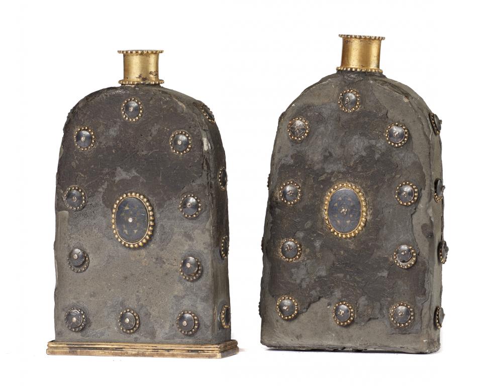 TWO BRASS MOUNTED METAL FLASKS, SOUTH INDIA, EARLY 19TH C of shouldered form applied with