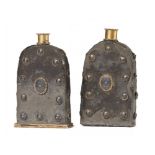 TWO BRASS MOUNTED METAL FLASKS, SOUTH INDIA, EARLY 19TH C of shouldered form applied with