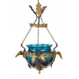 RUSSIAN . A GILT AND PATINATED BRASS HALL LANTERN, EARLY 19TH C with three fanciful birds with