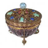 A DECORATIVE COLOURED GLASS 'JEWELLED' GILTMETAL FILIGREE BOWL AND COVER, EARLY 20TH C with ruby