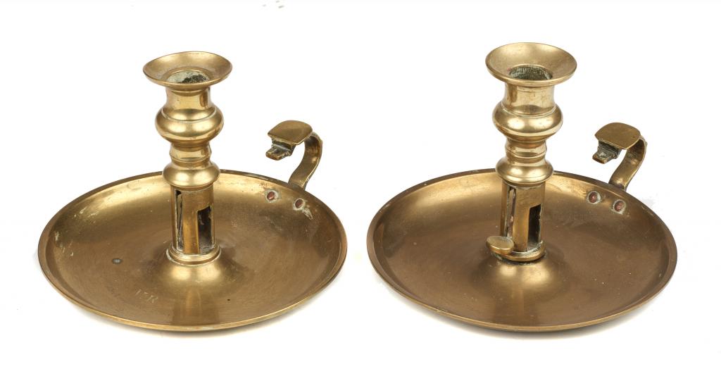 ROYAL HOUSEHOLD. A PAIR OF VICTORIAN BRASS CHAMBERSTICKS, C1840 engraved V R Buckingham Palace,