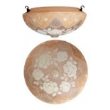 AN IMPASTO STYLE WHITE PAINTED AND FROSTED GLASS HANGING LAMP BOWL, EARLY 20TH C with three brass