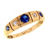A VICTORIAN SAPPHIRE AND DIAMOND FIVE STONE RING in 18ct gold, 2.7g, London 1898, size I½++Light