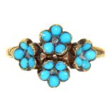 A TURQUOISE AND DIAMOND RING IN GOLD, UNMARKED, 2.2G, SIZE M++APPARENT HOOP MODIFICATION; BUILD UP