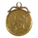 GOLD COIN. USA 1 DOLLAR, INDISTINCT DATE, MOUNTED IN GOLD PENDANT, 1.99G++FACES WELL WORN