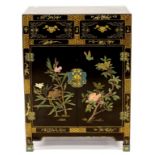 A CHINESE LACQUERED CABINET, DECORATED WITH BIRDS AND FOLIAGE, 92CM H; 66 X 35CM