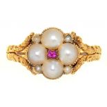 A VICTORIAN SPLIT PEARL AND RUBY RING IN GOLD, UNMARKED, 3.3G, SIZE J++GOOD CONDITION