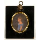 ENGLISH SCHOOL, 19TH C PORTRAIT MINIATURE OF A CHILD, HALF LENGTH IN A BLUE DRESS, WATERCOLOUR ON