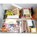 MISCELLANEOUS PICTURE FRAMES, WOODEN FRUIT, GAMES, BEAN TOYS, COUNTERS, DICE, ETC