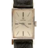 AN OMEGA STAINLESS STEEL LADY'S WRISTWATCH, REF 511.163 C.B., LEATHER STRAP, 21 X 17 MM++WATCH