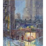 MICHAEL CRAWLEY, THE BOWERY, NEW YORK IN WINTER, SIGNED, WATERCOLOUR, 35 X 31CM