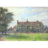 ENGLISH SCHOOL, C1900, A CRICKET MATCH, SIGNED WITH INITIALS WJH, WATERCOLOUR, 24 X 34CM