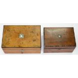 A VICTORIAN INLAID WALNUT WRITING BOX AND AN INLAID SEWING BOX