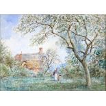 THOMAS EDWARD FRANCIS, IN THE ORCHARD, SIGNED, WATERCOLOUR, 27 X 37CM