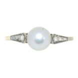 A CULTURED PEARL AND ROSE CUT DIAMOND RING IN WHITE GOLD, UNMARKED, 2.9G, SIZE M++GOOD CONDITION