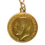 GOLD COIN. HALF SOVEREIGN 1913, MOUNTED ON GOLD CHAIN, MARKED 9CT, 6G++GOOD CONDITION