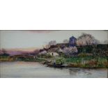 DANIEL SHERRIN, RIVER SCENE AT SUNSET, SIGNED, WATERCOLOUR, 29 X 64CM, GILT ROSSETTI FRAME