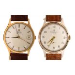 AN OMEGA GOLD PLATED SELF WINDING GENTLEMAN'S WRISTWATCH, 33 MM DIAM, BUFFALO CALF STRAP AND AN