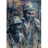 JOHN CUNDY, TWO MINERS, SIGNED, OIL ON HARDBOARD, 66 X 48CM