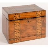 A VICTORIAN WALNUT WRITING BOX WITH FALL FRONT AND DECORATED WITH COLOURED STRAW WORK BANDS, 30CM W