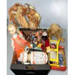 A PAPIER MACHE MODEL OF MARY AND JOSEPH, WOODEN PUPPETS, DOLL, TEDDY BEAR, ETC