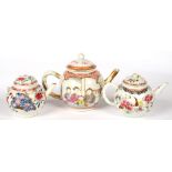 THREE CHINESE EXPORT PORCELAIN FAMILLE ROSE TEAPOTS AND COVER OR ASSOCIATED COVER, THE LARGER