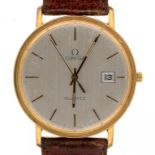 AN OMEGA GOLD PLATED QUARTZ GENTLEMAN'S WRISTWATCH, LEATHER STRAP, 33 MM DIAM++WATCH NOT RUNNING;