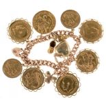 GOLD COINS. A 9CT GOLD BRACELET WITH FIVE SOVEREIGN'S 1895, 1911, 1901, 1893M, 1925SA, HALF