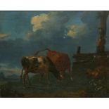 FOLLOWER OF JACOB VAN STRY, LANDSCAPE WITH CATTLE, oil on oak panel, 29 x 36cm++Varnish dirty; the