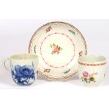 A CHINESE FAMILLE ROSE COFFEE CUP, 18TH C, A NEHALL TYPE POLYCHROME SAUCER AND A BLUE AND WHITE