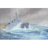 WILLIAM MCDOWELL, BATTLESHIPS IN A STORM, SIGNED (IN RED), WATERCOLOUR, 22 X 33CM