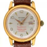 A REXIANA GOLD PLATED SUPER DATOMATIC GENTLEMAN'S WRISTWATCH, 35 MM DIAM, LEATHER STRAP, BOXED++