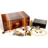 MISCELLANEOUS COSTUME JEWELLERY AND OTHER ARTICLES IN A MAHOGANY WOODEN BOX++GOOD CONDITION