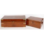 A VICTORIAN BRASS MOUNTED MAHOGANY WRITING BOX WITH FITTED INTERIOR, 50CM L AND A VICTORIAN MAHOGANY