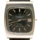 AN OMEGA STAINLESS STEEL SELF WINDING GENTLEMAN'S WRISTWATCH, CONSTELLATION CHRONOMETER, LEATHER