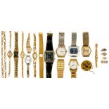 THIRTEEN LADY'S AND GENTLEMAN'S FASHION WATCHES AND A SMALL QUANTITY OF COSTUME JEWELLERY, ALL