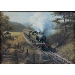 A COLOUR PRINT OF A G. W. R. LOCOMOTIVE AND TRAIN AFTER DON BRECKON, 52 X 73CM, MAHOGANY FRAME