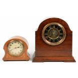 AN INLAID MAHOGANY MANTEL TIMEPIECE WITH EIGHT DAY MOVEMENT 14CM H AND A LARGER MAHOGANY MANTEL