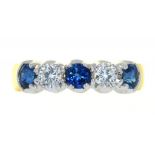 A SAPPHIRE AND DIAMOND FIVE STONE RING IN 18CT GOLD, LONDON 1995, 5.2G, SIZE O++GOOD CONDITION