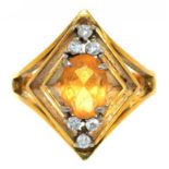 A CITRINE AND DIAMOND RING IN GOLD, MARKED 14K, 5.5G, SIZE L++GOOD CONDITION