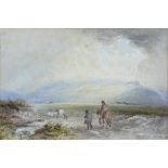 ENGLISH SCHOOL, DROVER AND ANOTHER FIGURE ON A MOOR, INDISTINCTLY SIGNED READ G..., WATERCOLOUR,