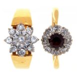 A DIAMOND NINE STONE CLUSTER RING, ILLUSION SET IN 18CT GOLD, LONDON 1978 AND A GARNET AND DIAMOND