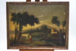 A 19th century Continental school, Figures in landscapes, Oil on canvas, set of three,