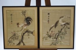 A pair of 20th century Japanese silk work pictures of a cockerel and an eagle,
