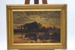 English school, Sunset river scene, oil on canvas,