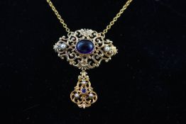 A 9ct gold, amethyst and cultured half-pearl necklace,